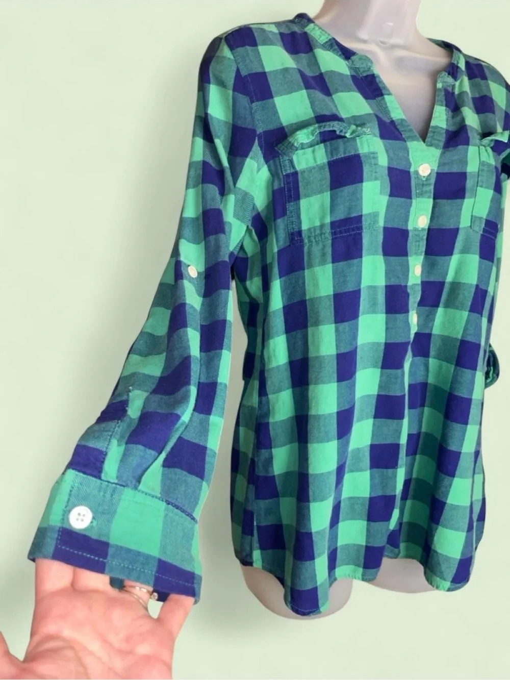 Upcycled Old Navy Fitted Plaid 'Let the Shenanigans Begin' Top Small